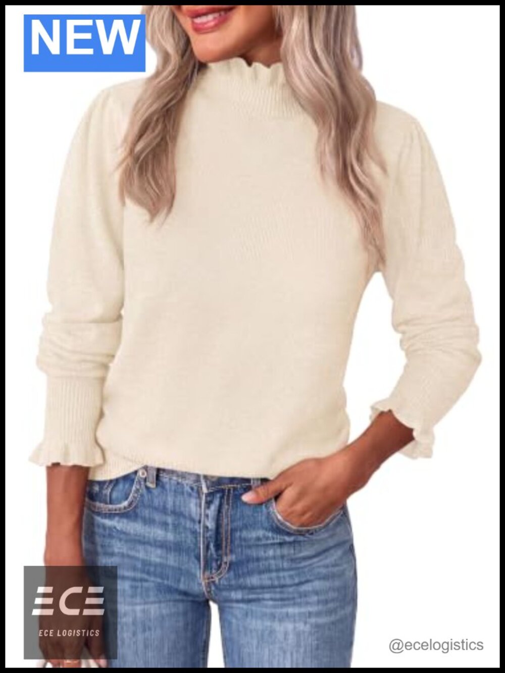 Women's Cozy Ruffle Mock Neck Pullover Sweater Long Puff Sleeve Knit